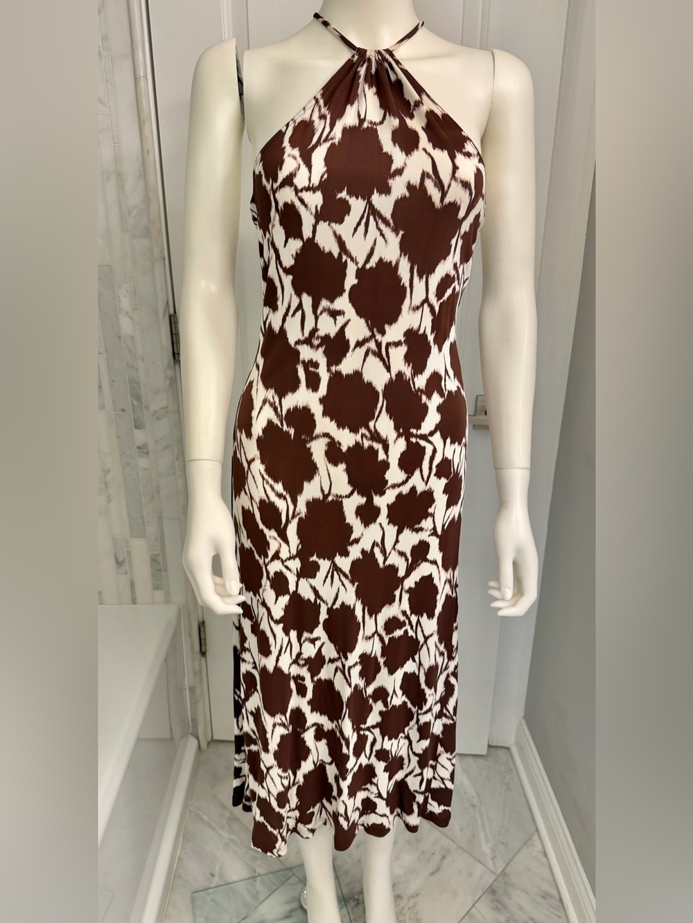 Celine Brown and White Halter-Style Midi Dress Vintage Collection S